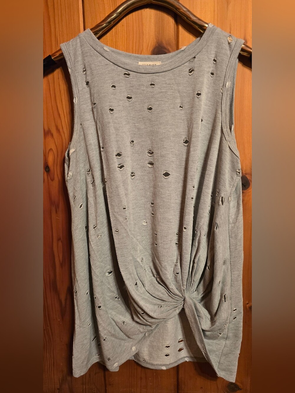Distressed Knot-Front Tank Top - Light Gray